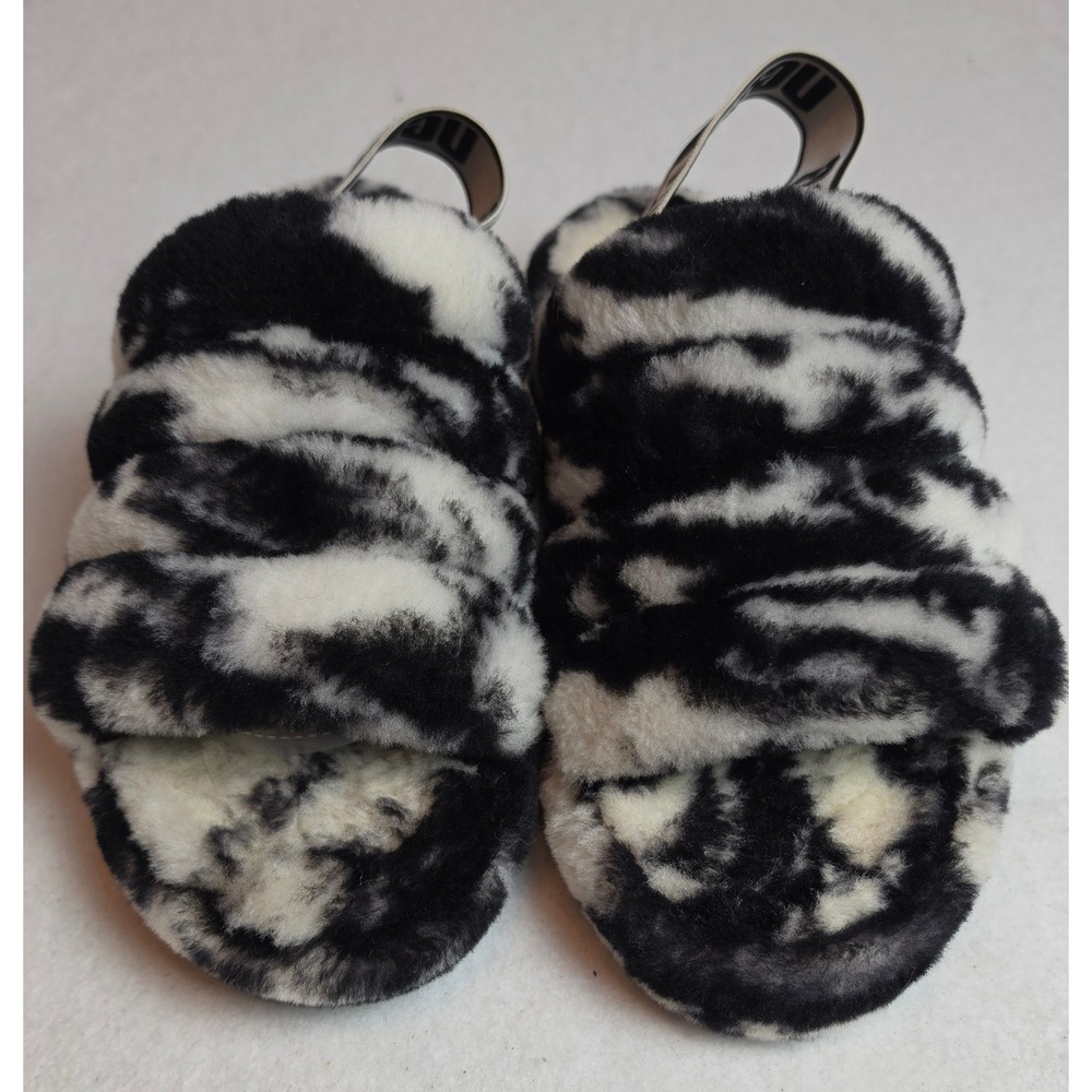 UGG Fluff Yeah Slide Black White Marble Sheepskin Slippers 1122554 Womens 9
